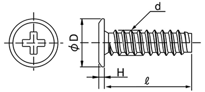 鉄(+)スリムヘッドタッピンねじ(2種溝なし B-0形) (極低頭タイプ)の寸法図