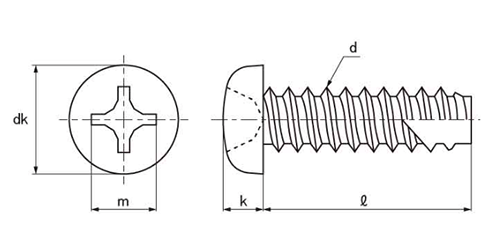 ステンレス(+)ナベ頭 タッピンねじ(2種溝付き B-1形)の寸法図