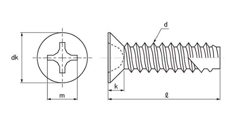 ステンレス(+)皿頭 タッピンねじ(2種溝付き B-1形)の寸法図