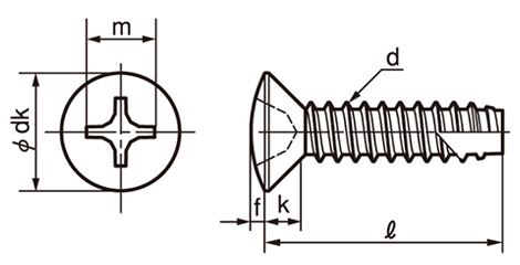 ステンレス(+)丸皿頭 タッピンねじ(2種溝付き B-1形)の寸法図