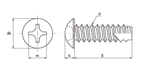 ステンレス(+)トラス頭 タッピンねじ(2種溝付き B-1形)の寸法図