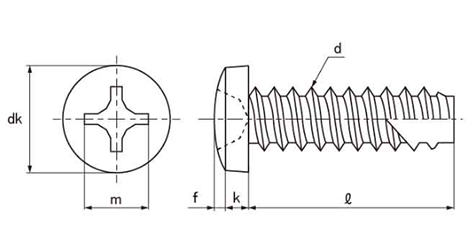 ステンレス(+)バインド頭 タッピンねじ(2種溝付き B-1形)の寸法図
