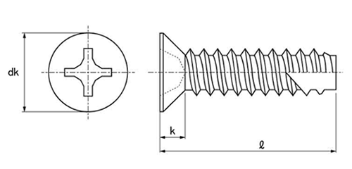 ステンレス(+)皿頭 小頭(頭径D＝6) タッピンねじ(2種溝付きB-1形)の寸法図