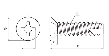 ステンレス(+)皿頭 小頭(頭径D＝7) タッピンねじ(2種溝付きB-1形)の寸法図