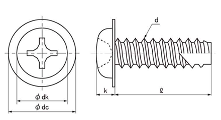 ステンレス(+)ナベ頭 ワッシャーヘッドタッピンねじ(2種溝付 B-1形)の寸法図