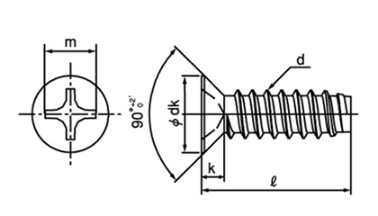 ステンレス(+)皿頭 小頭(頭径D＝6) タッピンねじ(2種溝なしB-0形)の寸法図