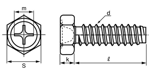 ステンレス(+)六角アプセット頭 タッピンねじ(2種溝なし B-0形)の寸法図