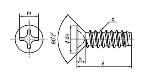 ステンレス(+)皿頭 小頭(頭径D＝7) タッピンねじ(2種溝なしB-0形)の寸法図
