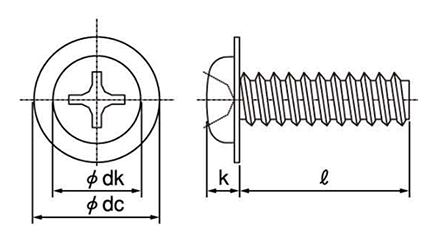 ステンレス(+)ナベ頭 ワッシャーヘッドタッピンねじ(2種溝なし B-0形)の寸法図