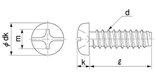 ステンレス(+)(-)ナベ頭 タッピンねじ(2種溝なし B-0形)の寸法図