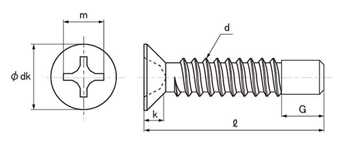 ステンレス(+)皿頭 タッピンねじ(2種ガイド付き BRP形G＝5)の寸法図