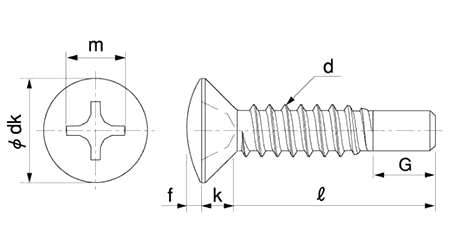 ステンレス(+)丸皿頭 タッピンねじ(2種ガイド付き BRP形G＝5)の寸法図