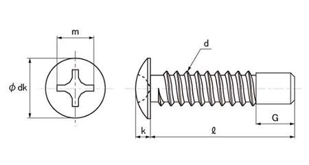 ステンレス(+)トラス頭 タッピンねじ(2種ガイド付き BRP形G＝5)の寸法図