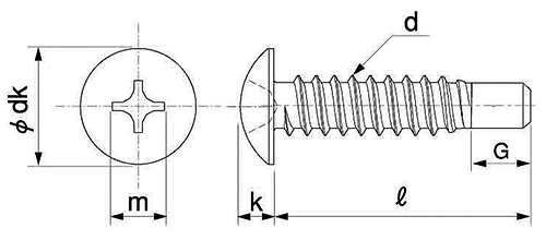 ステンレス(+)トラス頭 小頭 (D＝8) タッピンねじ(2種ガイド付BRP形G＝5)の寸法図