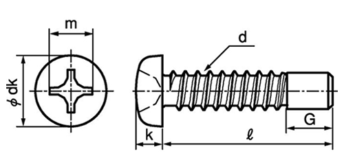 ステンレス(+)ナベ頭 (左ねじ)タッピンねじ(2種ガイド付BRP形G＝5)の寸法図