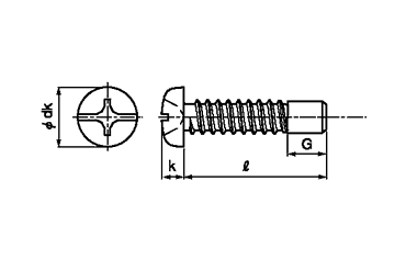 ステンレス(+)(-)ナベ頭 タッピンねじ(2種ガイド・BRP形G＝10)の寸法図