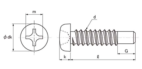 ステンレス(+)ナベ頭 タッピンねじ(2種ガイド付き BRP形G＝15)の寸法図