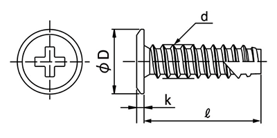 ステンレス(+)スリムヘッドタッピンねじ(2種溝付 B-1形) (極低頭タイプ)の寸法図