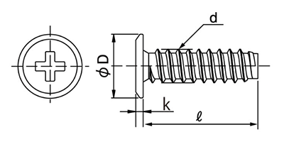 ステンレス(+)スリムヘッドタッピンねじ(2種溝なし B-0形) (極低頭タイプ)の寸法図