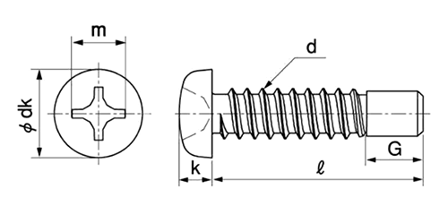ステンレス(+)ナベ頭 タッピンねじ(2種ガイド付き BRP形G＝5)(輸入品)の寸法図