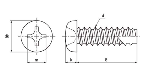 ステンレス SUS410(+)ナベ頭 タッピンねじ(2種溝付き B-1形)の寸法図