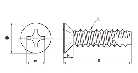 ステンレス SUS410(+)皿頭 タッピンねじ(2種溝付き B-1形)の寸法図