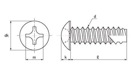 ステンレス SUS410(+)トラス頭 タッピンねじ(2種溝付き B-1形)の寸法図