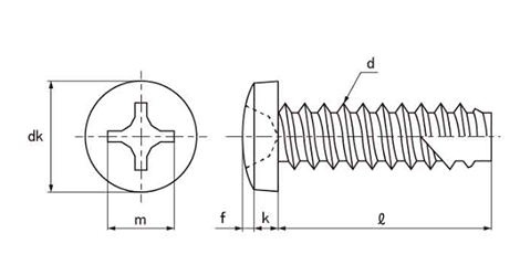 ステンレス SUS410(+)バインド頭 タッピンねじ(2種溝付き B-1形)の寸法図