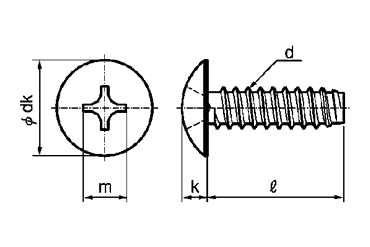 ステンレス SUS410(+)トラス頭 タッピンねじ(2種溝なし B-0形)の寸法図