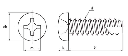 チタン(+)ナベ頭 タッピンねじ(2種溝付き B-1形)の寸法図