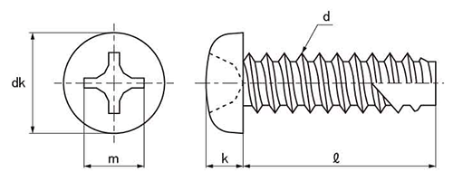 ステンレス SUS316L(A4)(+)ナベ頭 タッピンねじ(2種溝付き B-1形)の寸法図