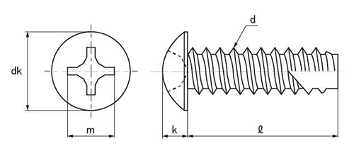 ステンレス SUS316L(A4)(+)トラス頭タッピンねじ(2種溝付B-1形)の寸法図