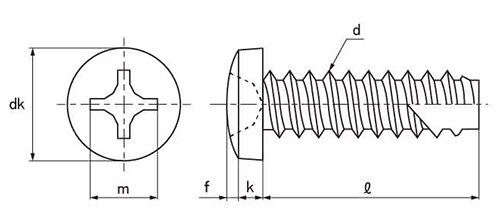 ステンレス SUS316L(A4)(+)バインド頭 タッピンねじ(2種溝付き B-1形)の寸法図