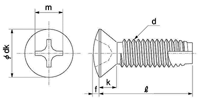 鉄(+)丸皿頭 小頭タッピンねじ(3種溝付き C-1形)の寸法図