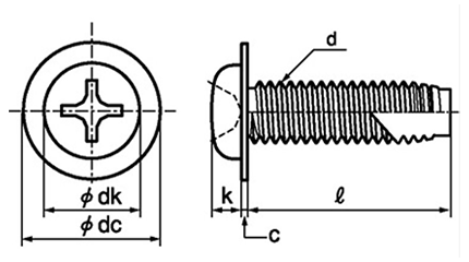 鉄(+)ナベ頭 ワッシャーヘッドタッピンねじ(3種溝付き C-1形)の寸法図