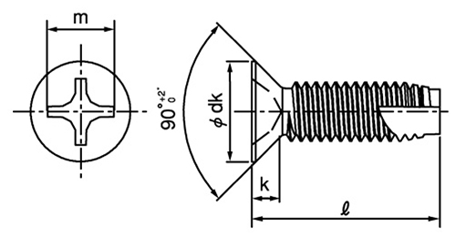 鉄(+)皿頭 小頭タッピンねじ(3種溝付き C-1形)(旧JIS)の寸法図