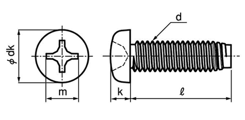 鉄(+)ナベ頭 タッピンねじ(3種溝なし C-0形)の寸法図