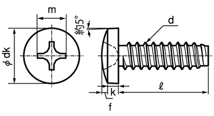 鉄(+)バインド頭 タッピンねじ(3種溝なし C-0形)の寸法図