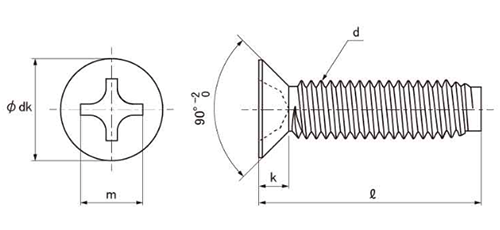 鉄(+)皿頭 小頭(頭径D＝6) タッピンねじ(3種溝なし C-0形)の寸法図