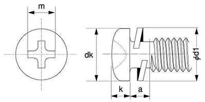 鉄(+)ナベ頭 タッピンねじ(3種溝付きC-1形) P＝2 (バネ座組込)の寸法図