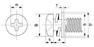 鉄(+)ナベ頭タッピンねじ(3種溝付C-1形) P＝3 (バネ座+JIS平座 組込)の寸法図