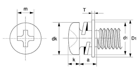 鉄(+)ナベ頭タッピンねじ(3種溝付C-1形) I＝3 (バネ座+ISO平座 組込)の寸法図