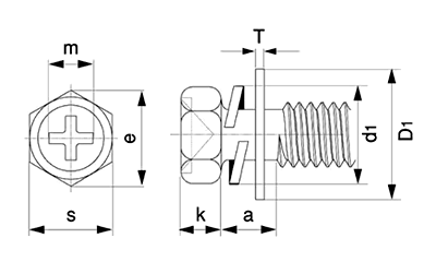 鉄(+)六角アプセット頭 タッピンねじ(3種溝付き C-1形)(P＝3 ・バネ座+JIS平座 組込)の寸法図