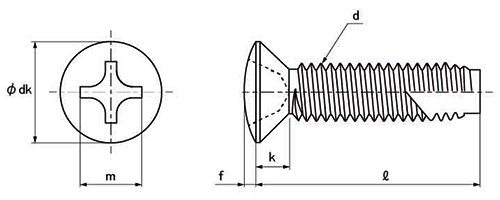 ステンレス(+)丸皿頭 タッピンねじ(3種溝付き C-1形)の寸法図