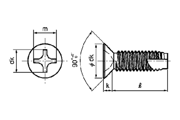 ステンレス(+)皿頭 小頭(頭径D＝6) タッピンねじ(3種溝付C-1形)の寸法図