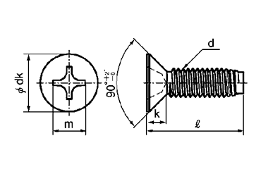 ステンレス(+)皿頭 小頭(頭径D＝6)タッピンねじ(3種溝なしC-0形)の寸法図