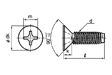 ステンレス(+)皿頭 小頭(頭径D＝7)タッピンねじ(3種溝なしC-0形)の寸法図