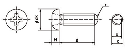鉄 (+)Sタイプ ナベ頭 (丸先)の寸法図
