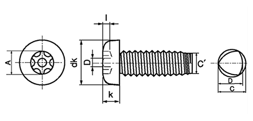 鉄 サンコータイト TRXタンパー Sタイプ ナベ頭 (トルクスピン付き)の寸法図