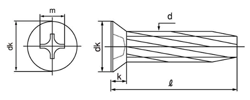 鉄 ダイヤスクリュー(+)皿頭 小頭 (頭径D＝6)の寸法図